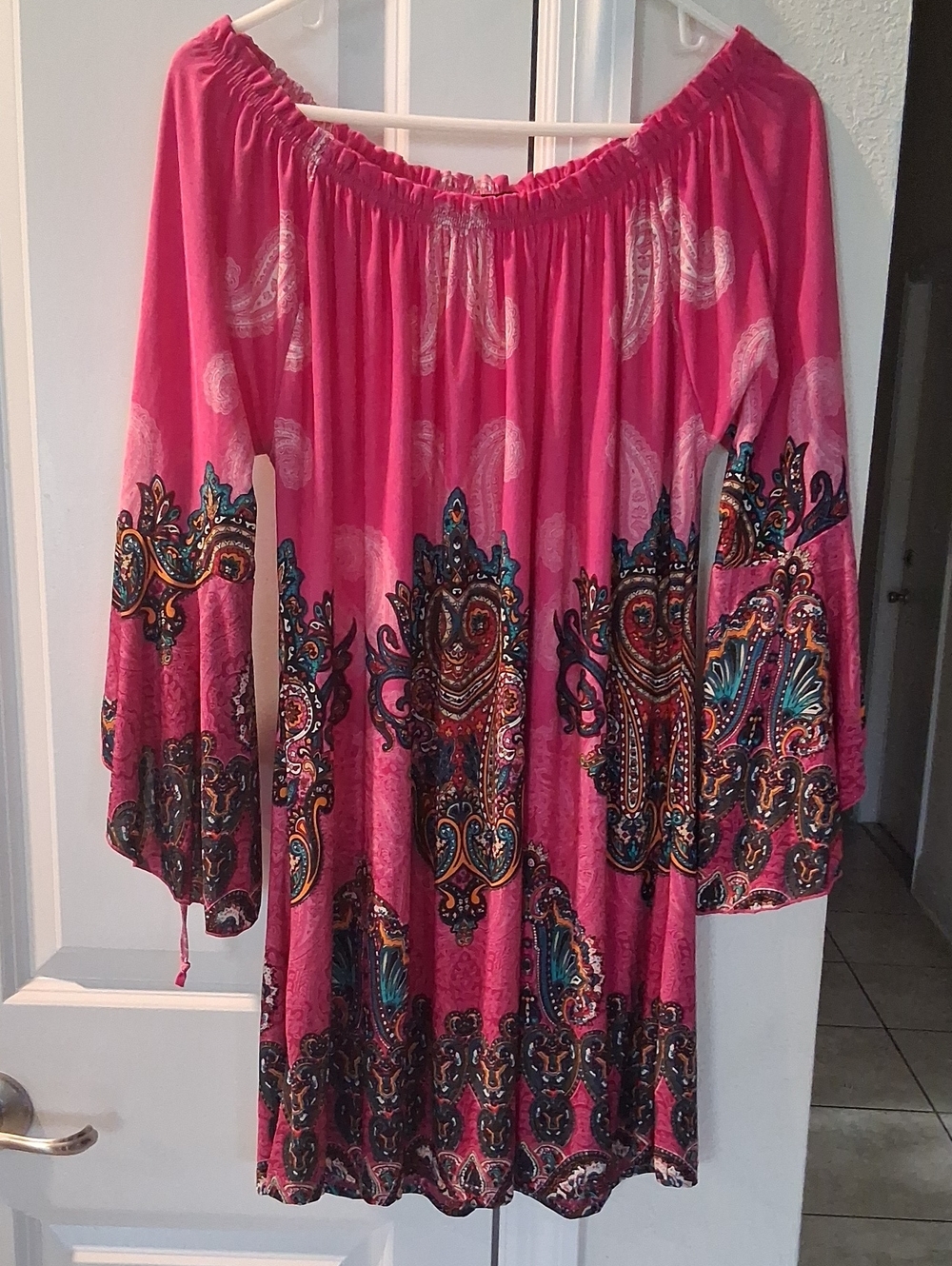 Pink Off-Shoulder Boho Print Women's Top